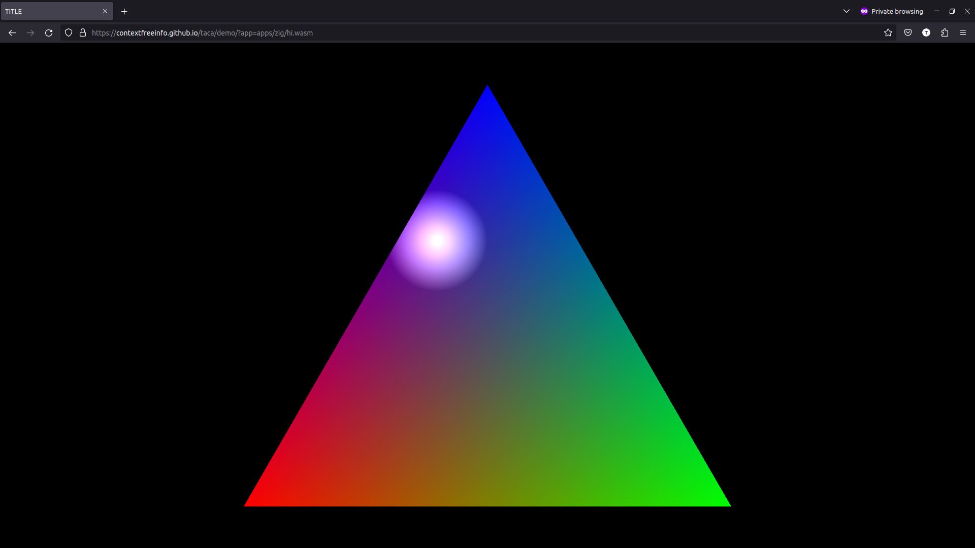 Taca demo app screenshot with colorful RGB triangle and white spotlight