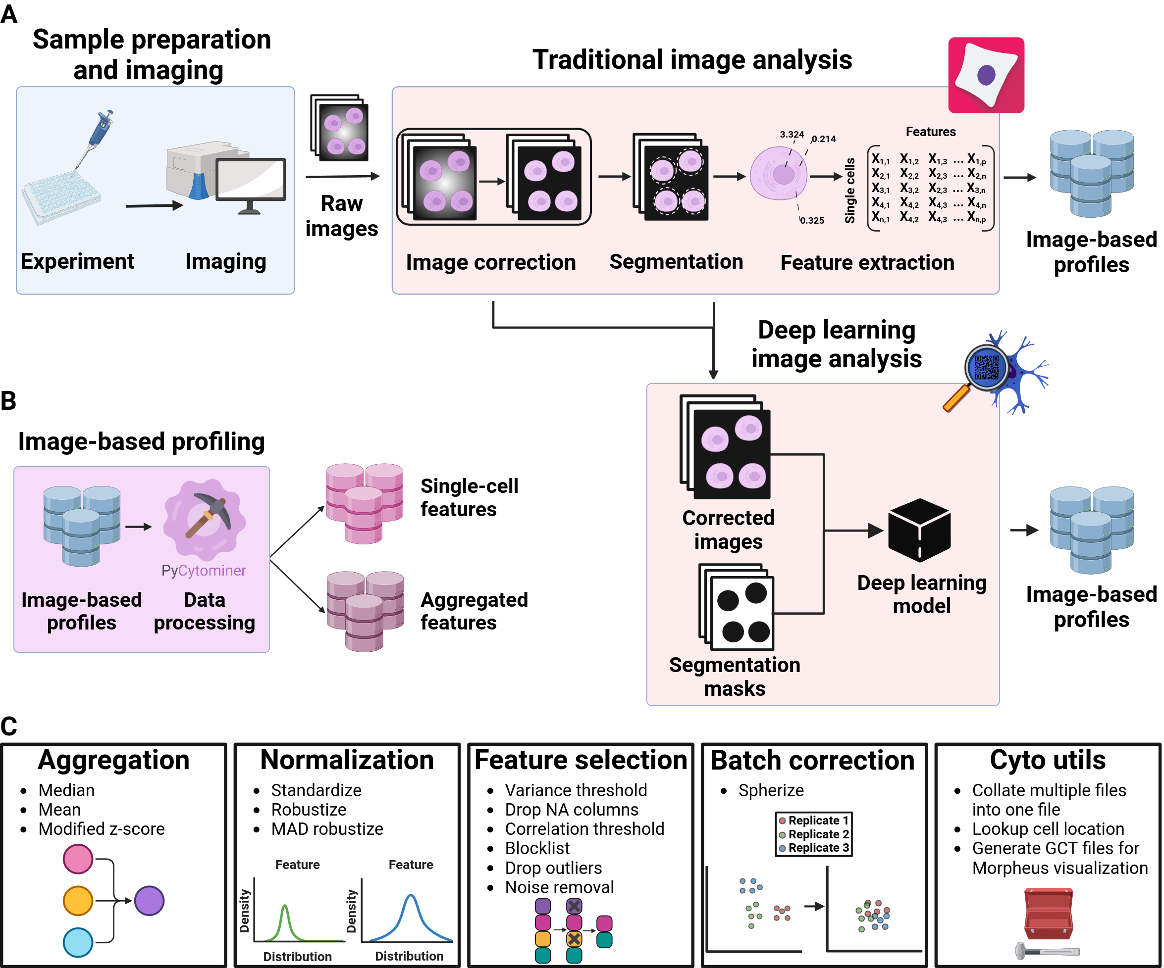 Description of the pycytominer pipeline. Images flow from feature extraction and are processed with a series of steps