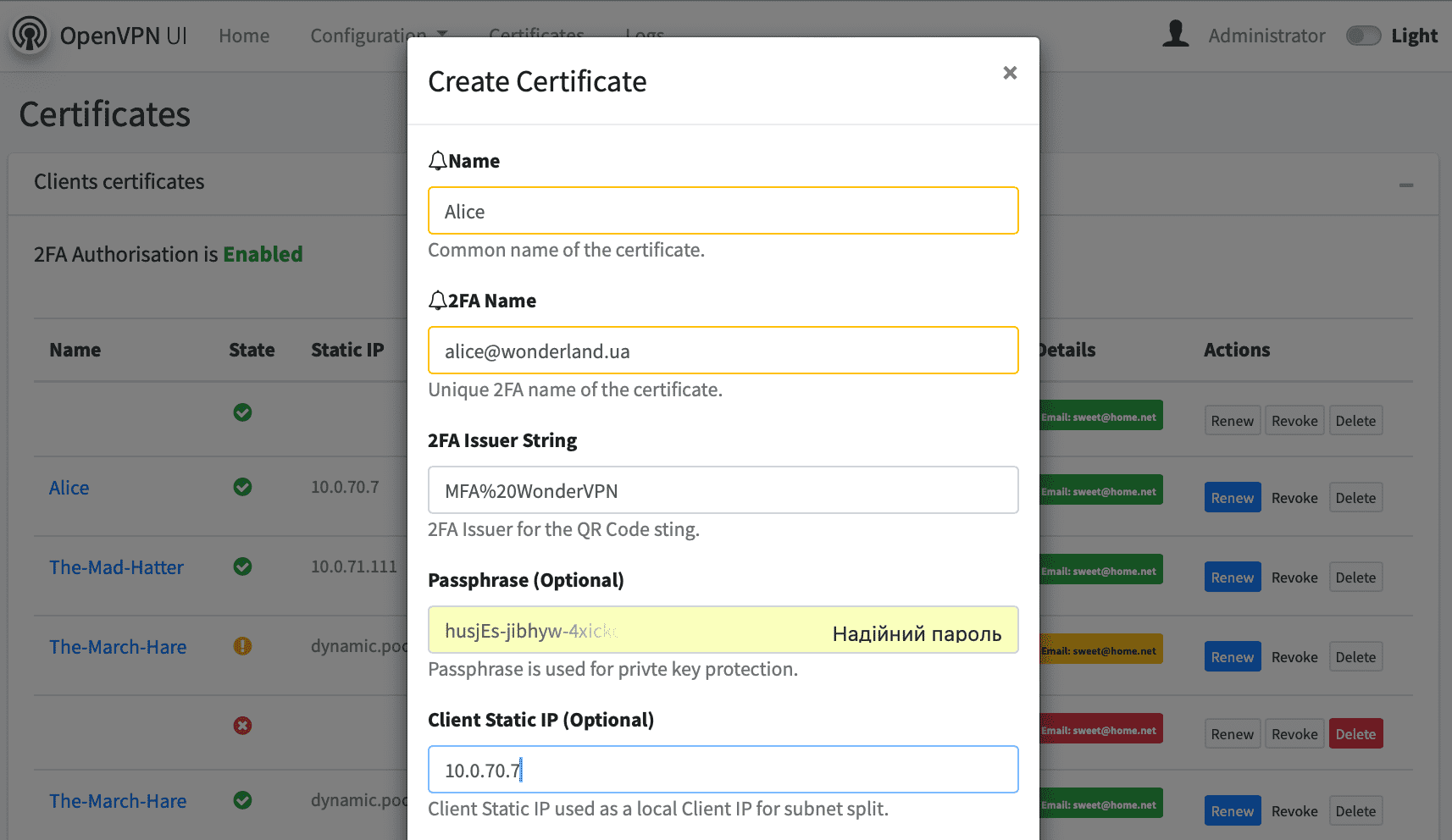 2FA Certificate create