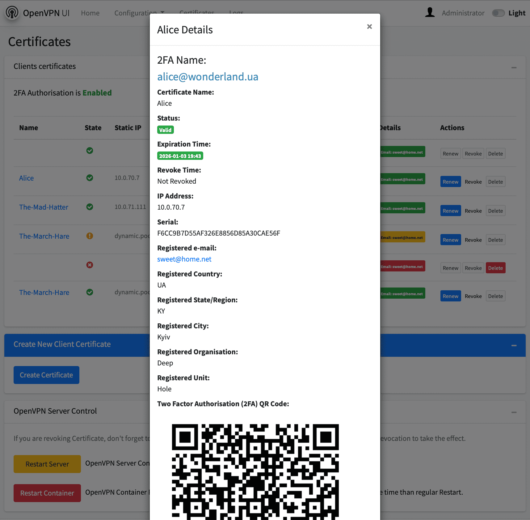 2FA Certificate details