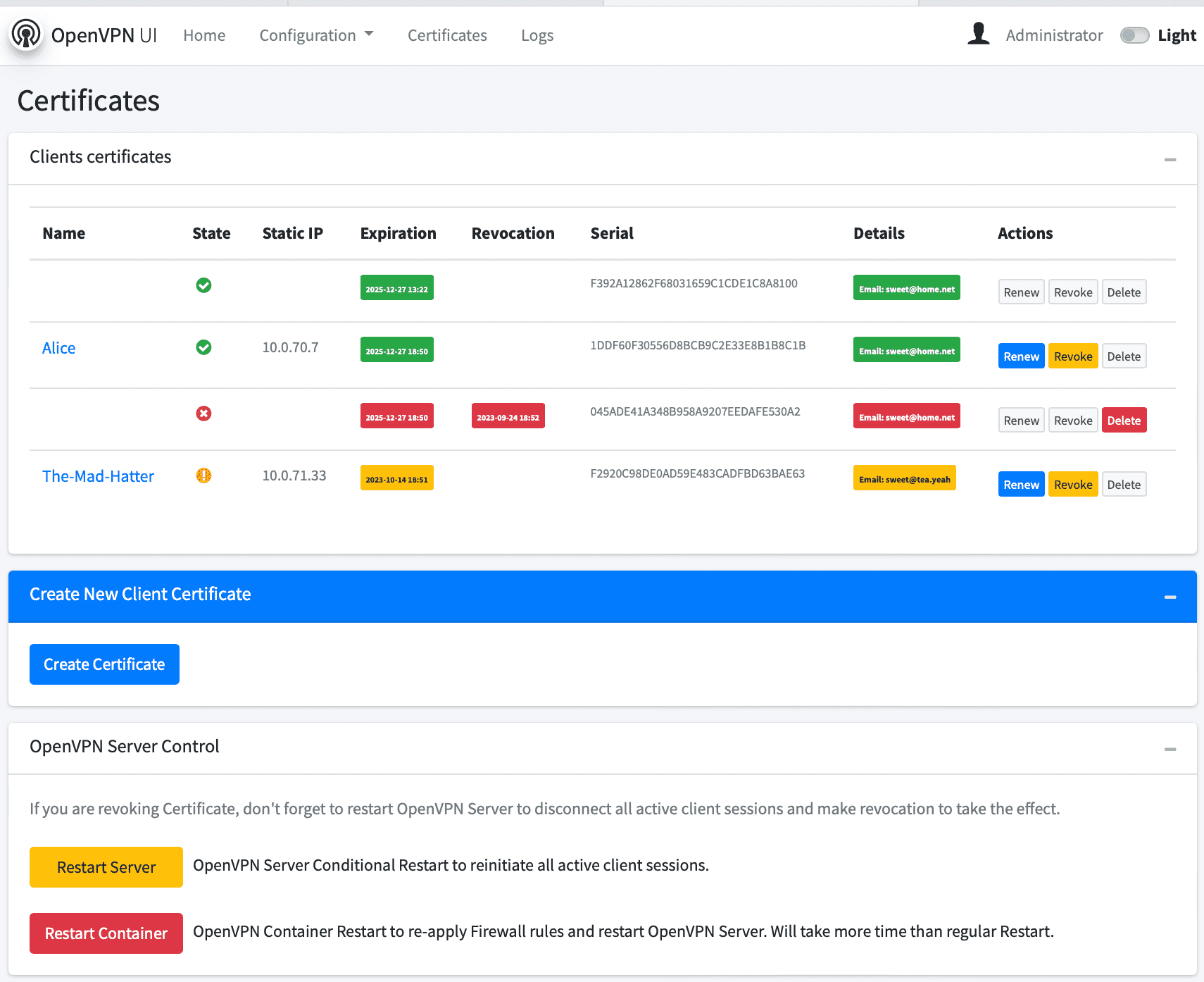 OpenVPN-UI Certificates screen