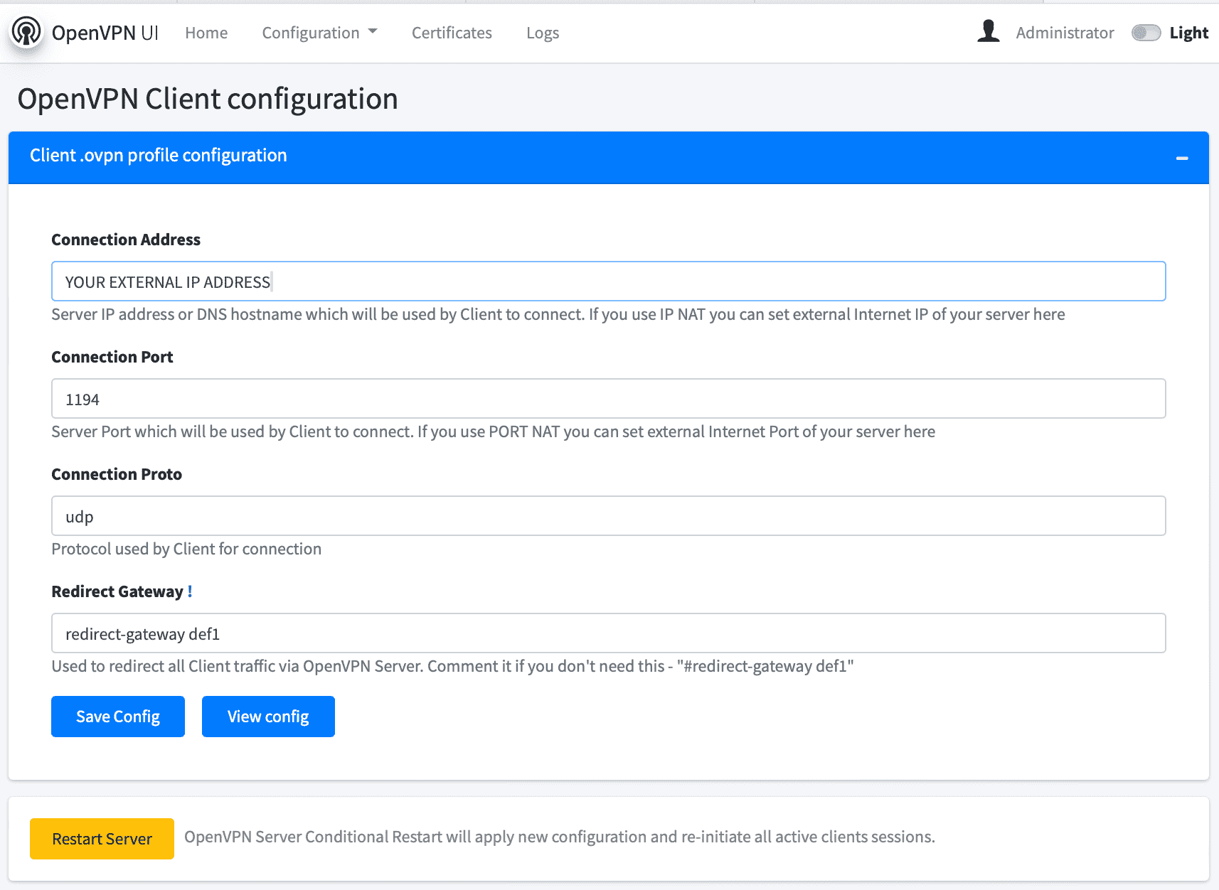 OpenVPN-UI Client Configuration screen