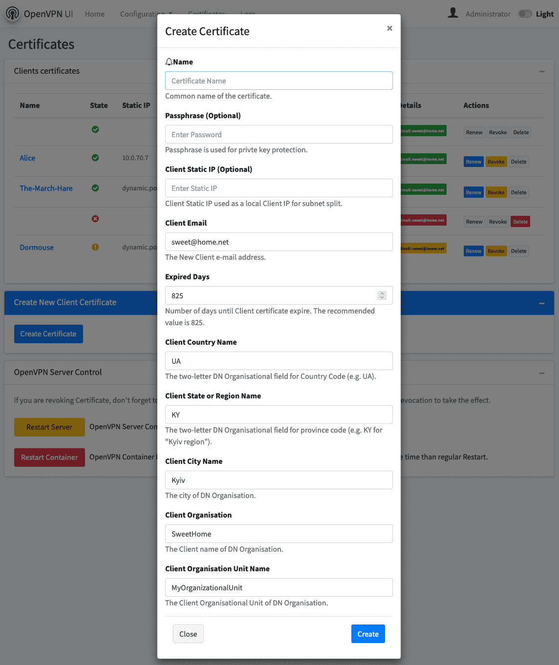 OpenVPN-UI Create Certificate screen