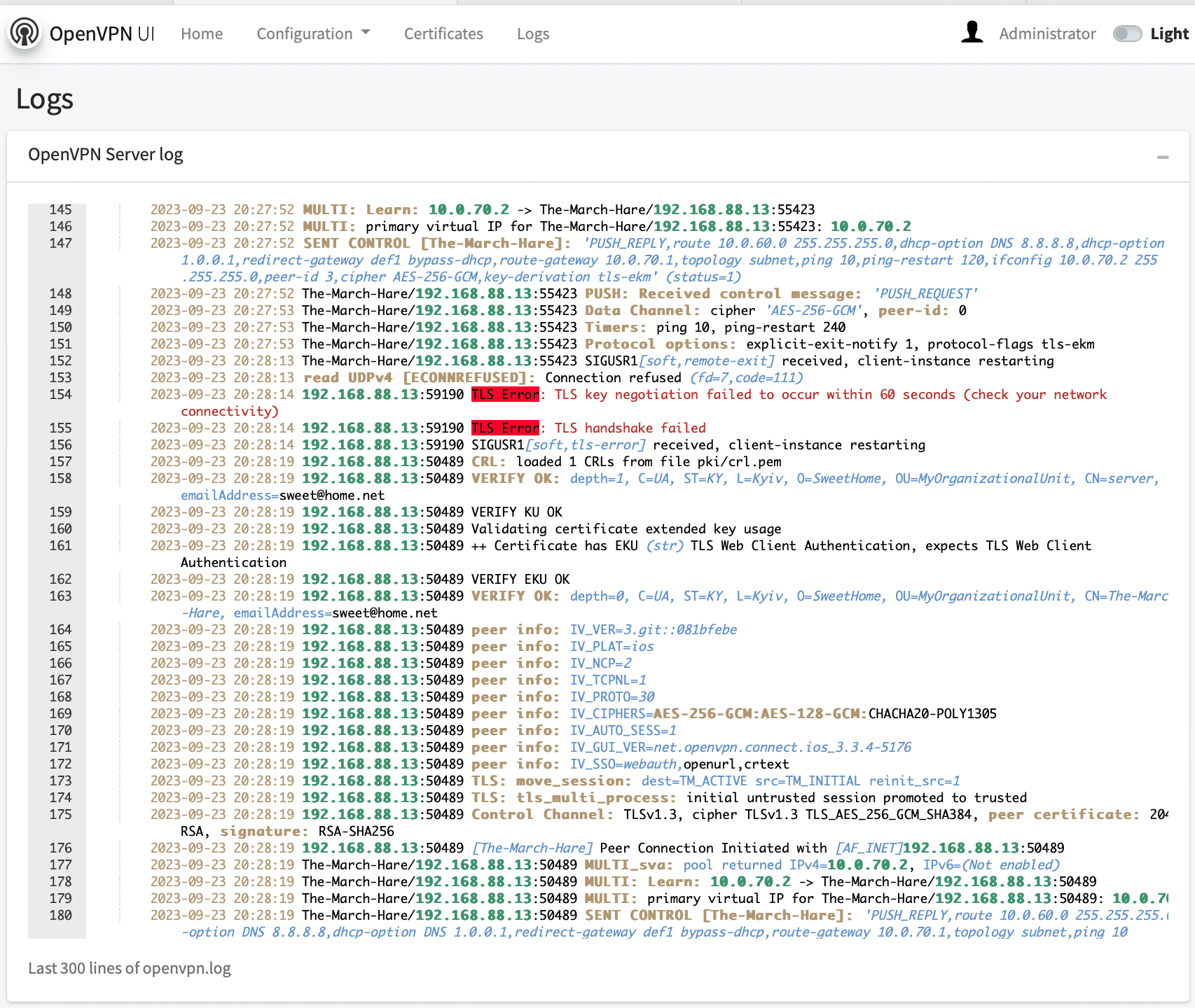 OpenVPN-UI Logs screen