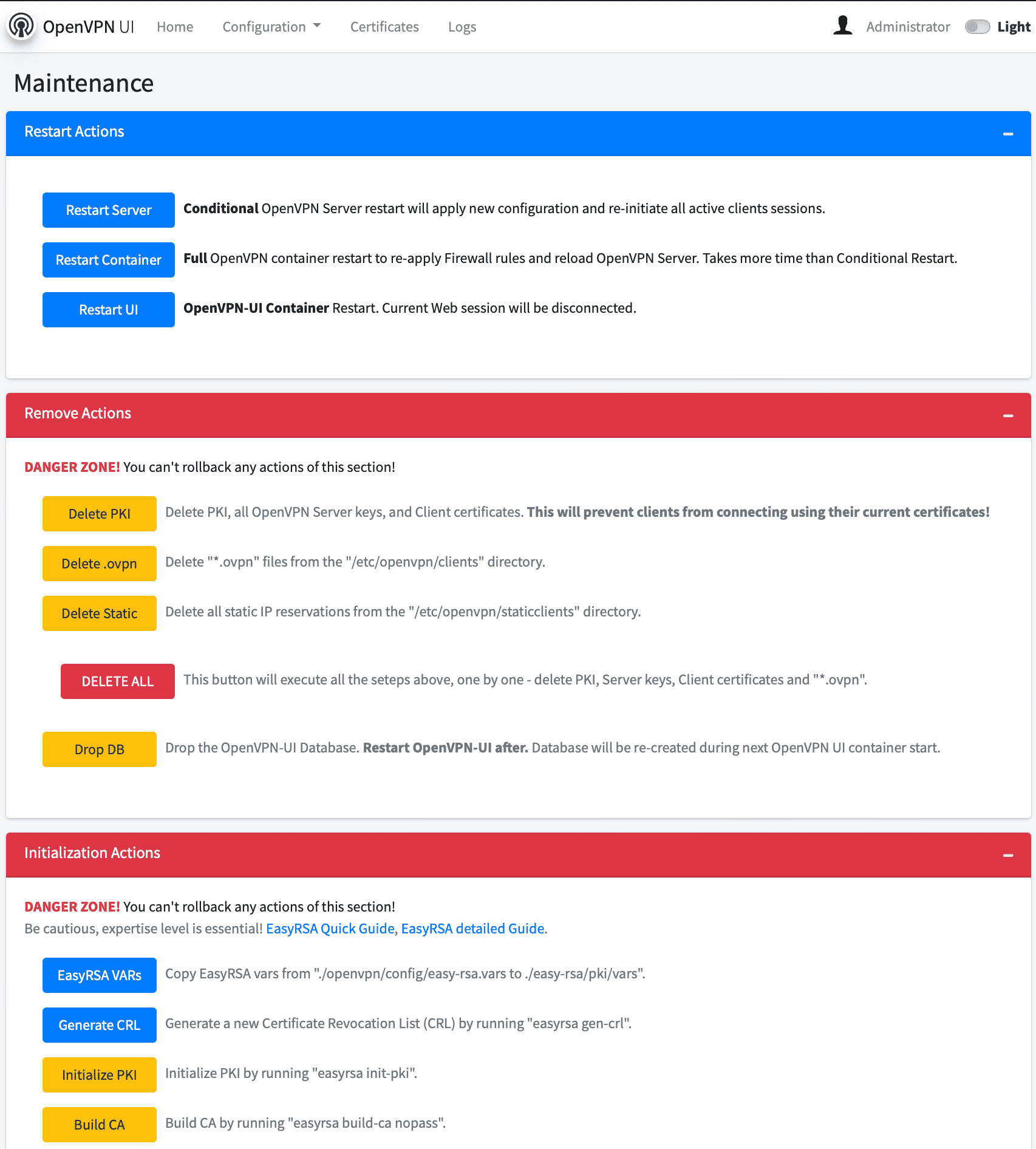 OpenVPN-UI Maintenance screen