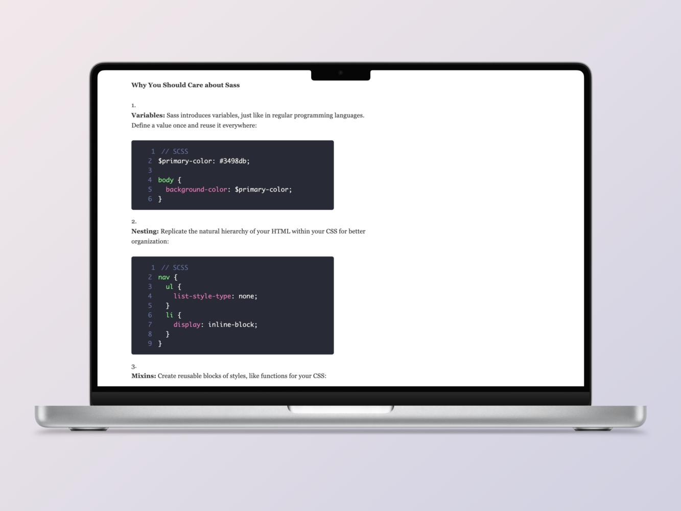 Desktop Full article with code examples mockup
