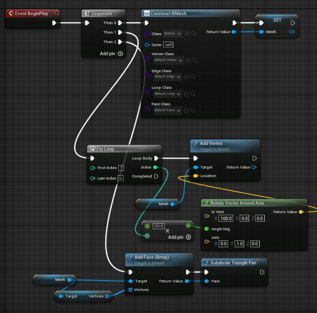 Blueprint code that creates a BMesh object with a hexagonal face which is subdivided into a triangle fan