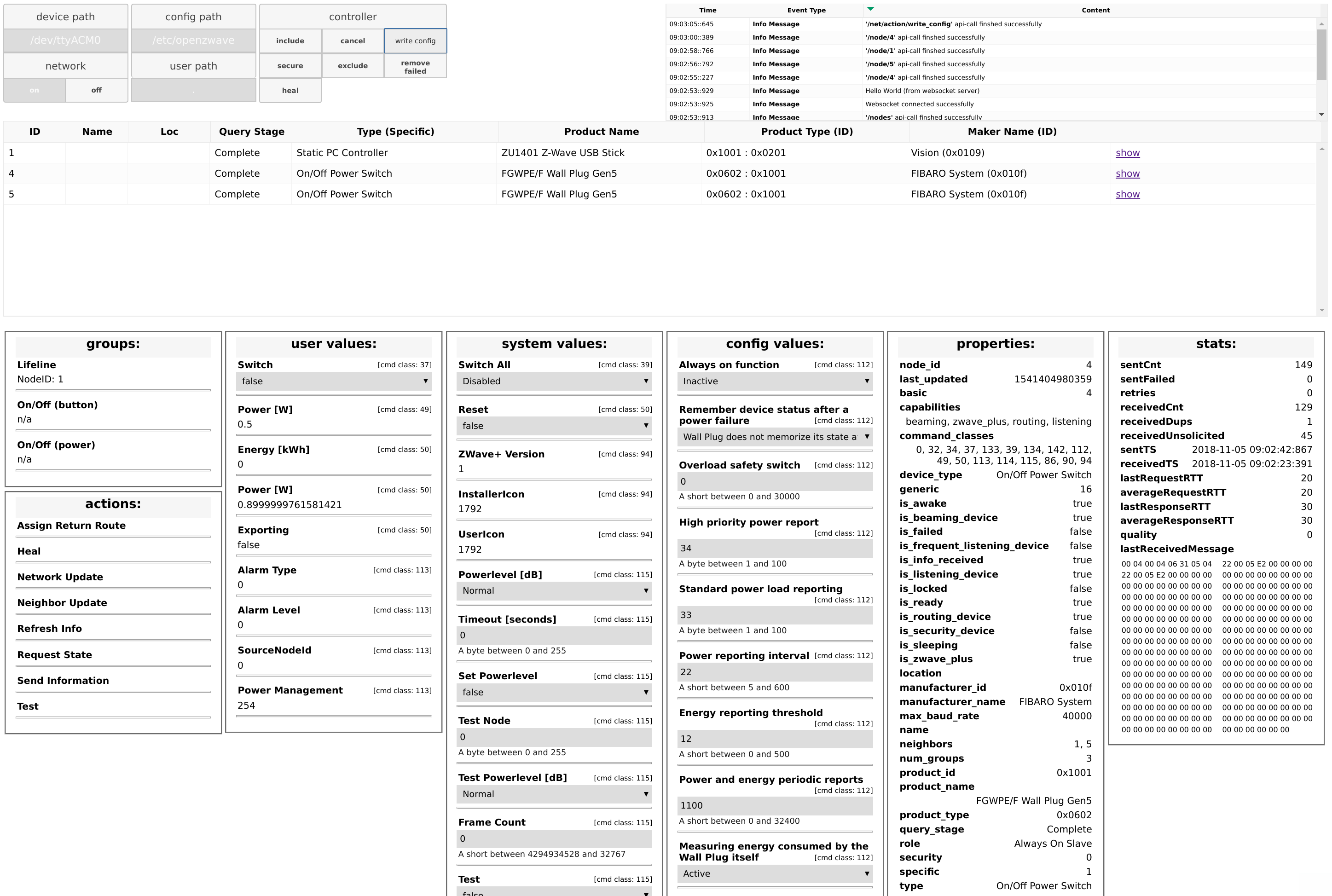 full node view, any possible detail on one screen, directly editable, instant feedback, websocket driven event log in the top right corner