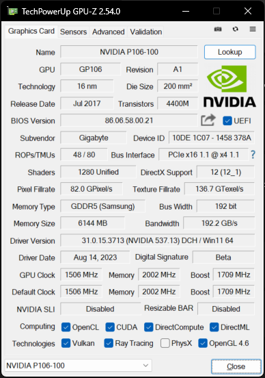 Screenshot of GPU-Z window