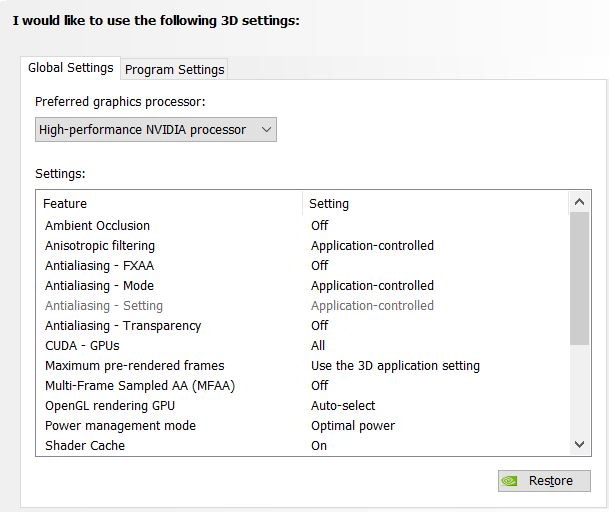 Screenshot of "High-performance NVIDIA processor" option