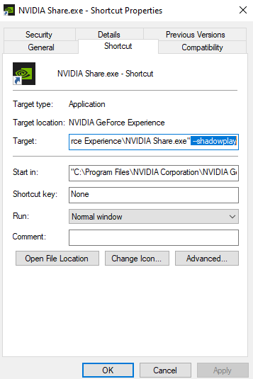 Screenshot of NVIDIA Share shortcut