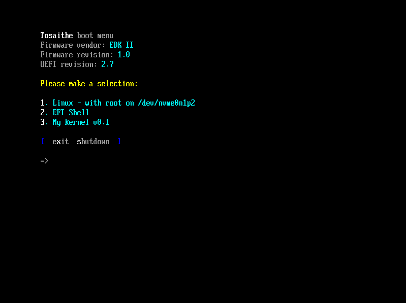 A screenshot of Tosaithe displaying a boot menu