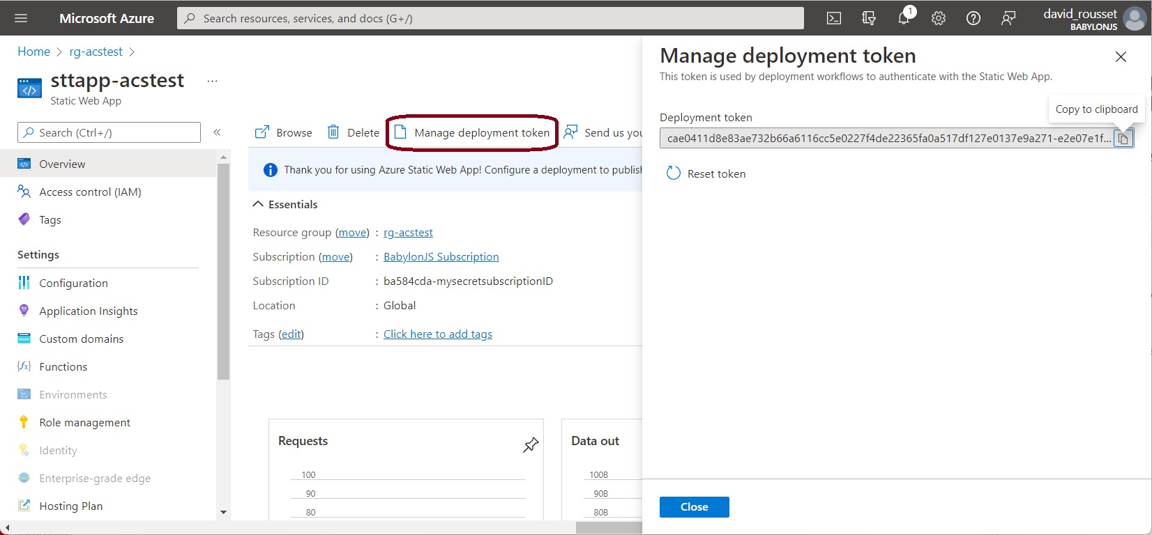 Azure SWA deployment token screen