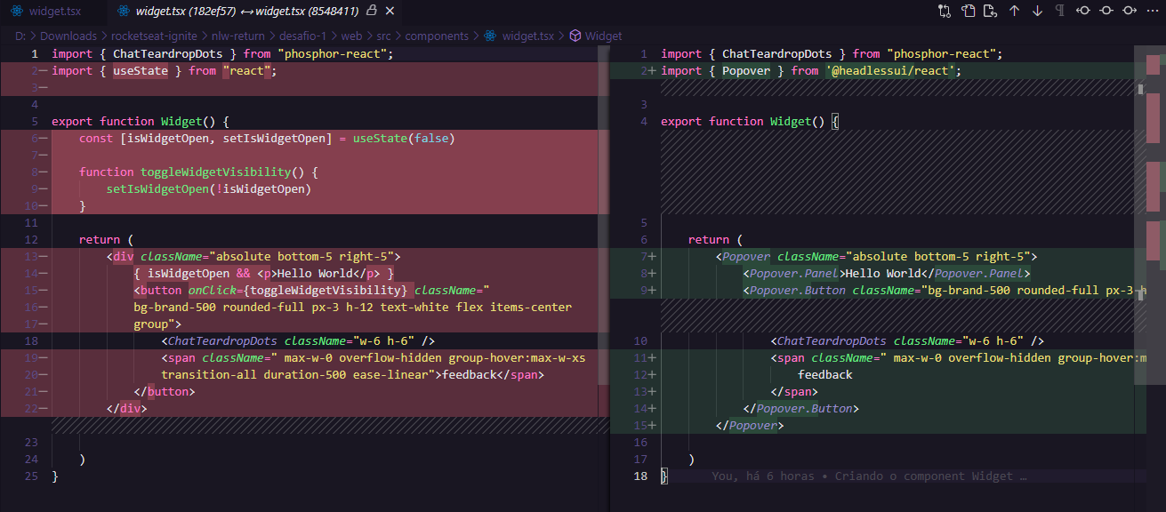 Aqui utilizamos component Popover encapsulando nosso botão que irá automaticamente abrir/fechar mostrando nosso elemento Popover.Panel que é nosso texto a ser exibido. Sem a necessidade de implementar condicionais e evento click, por exemplo. 