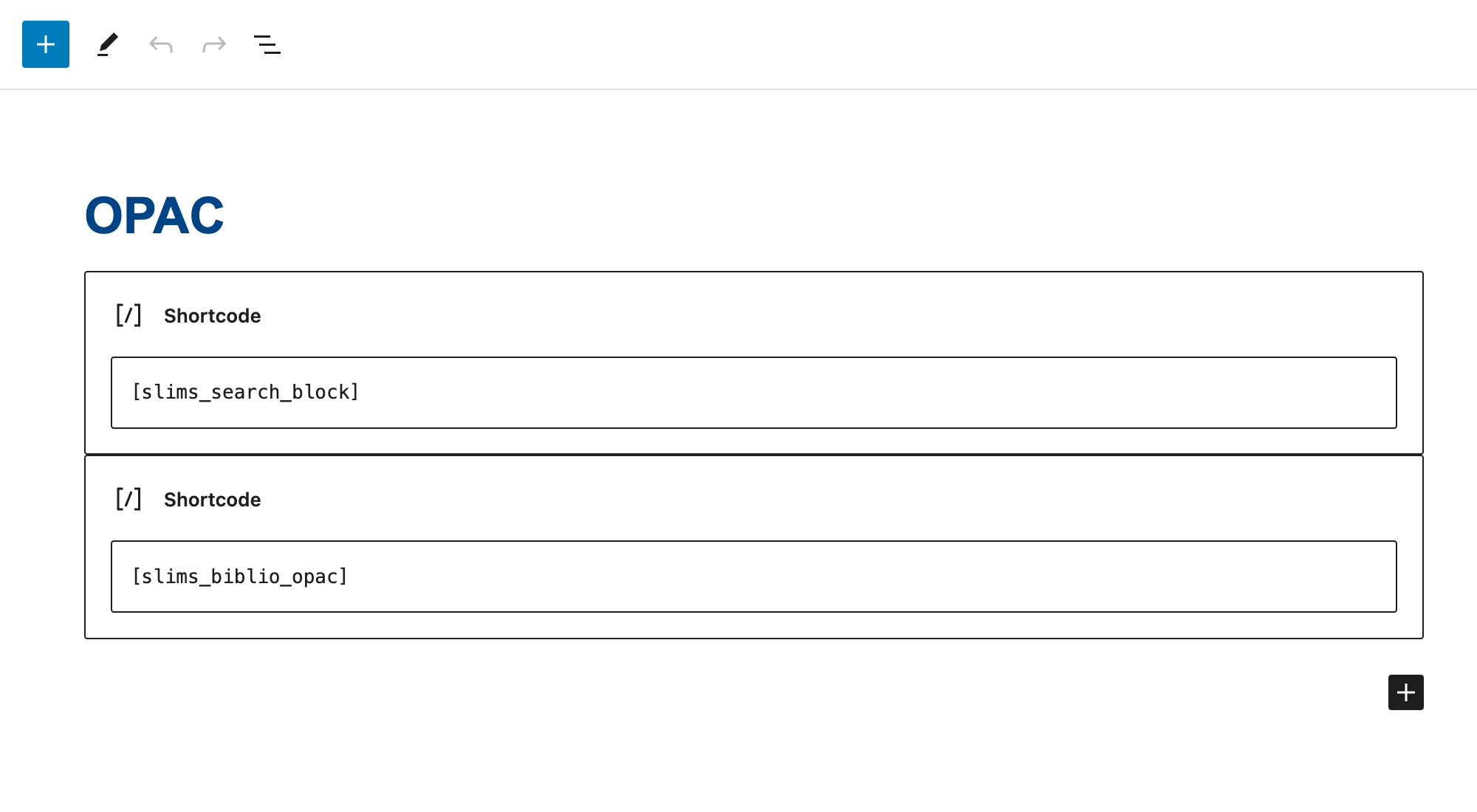 SLiMS shortcodes example{caption=SLiMS-WP shortcodes in OPAC page}