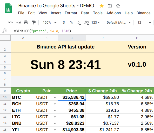 Binance to Google Sheets DEMO - Prices list