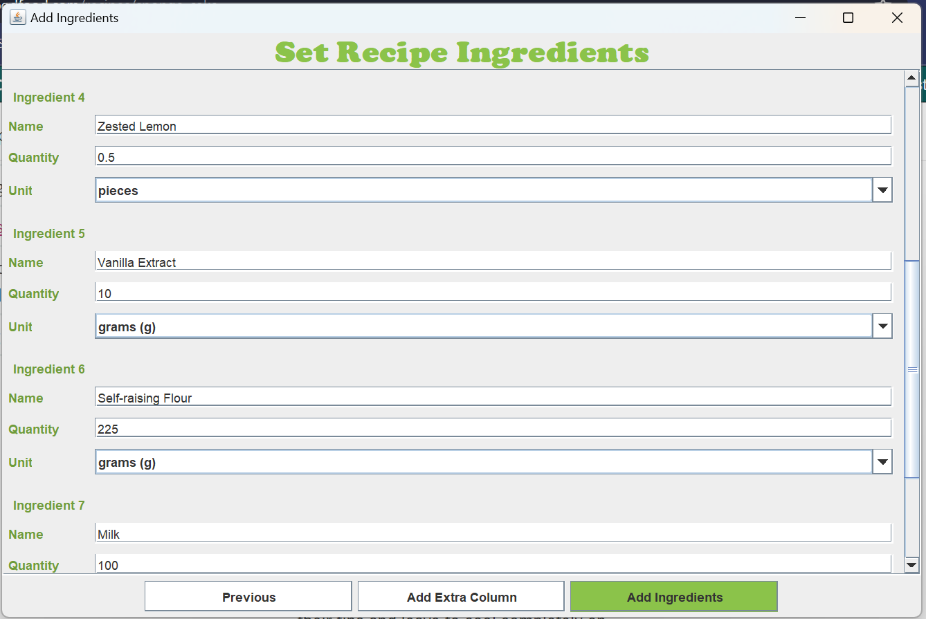 Set Up Ingredients Page