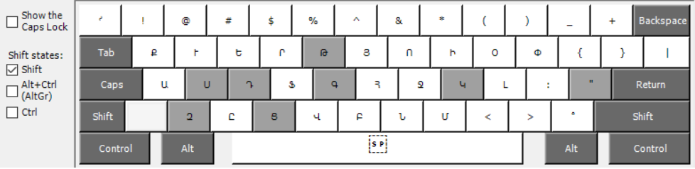 Հայկական մնեմոնիկ ստեղնաշարը Shift ստեղնը սեղմած
