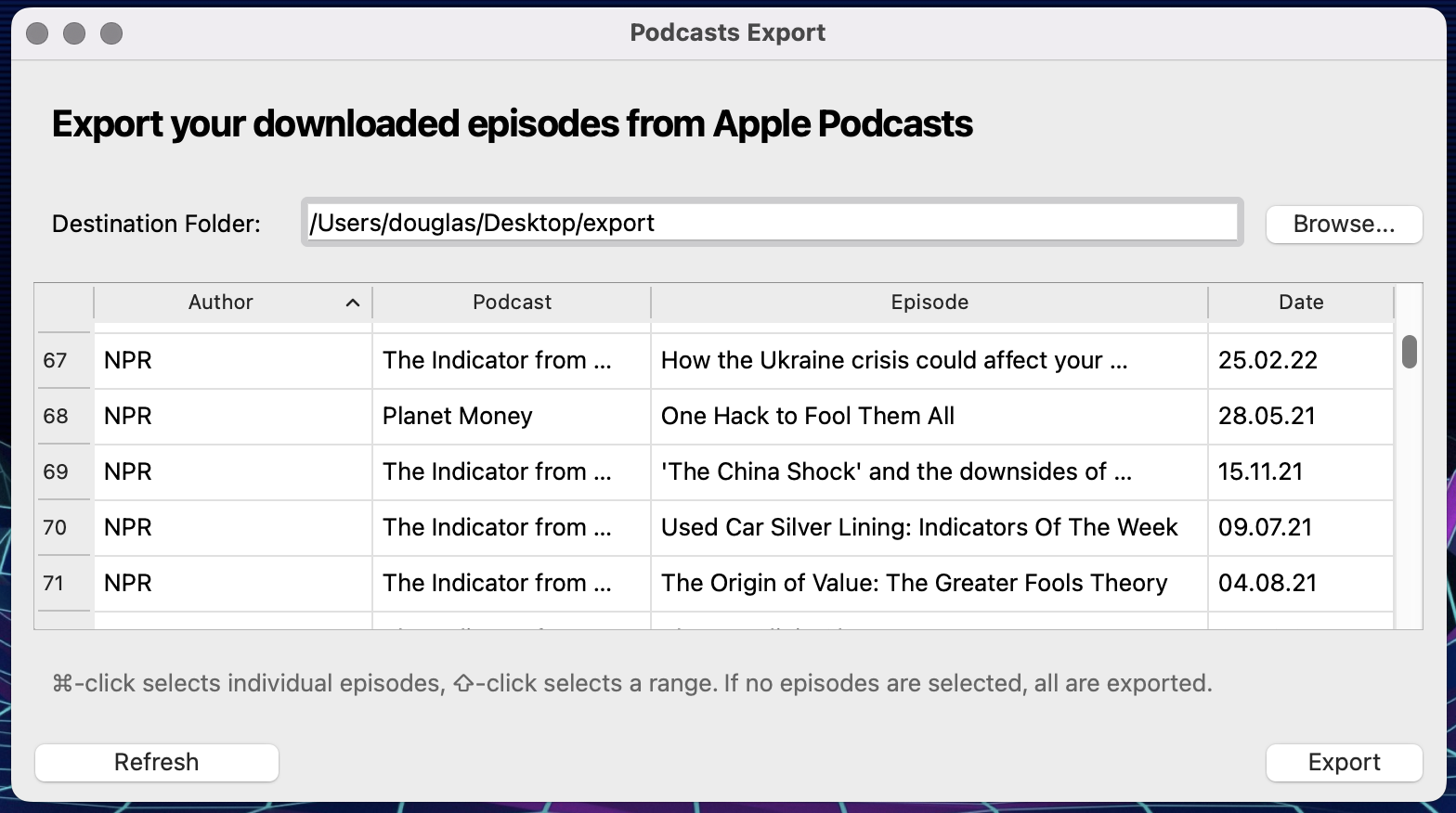 Podcasts Export Screenshot