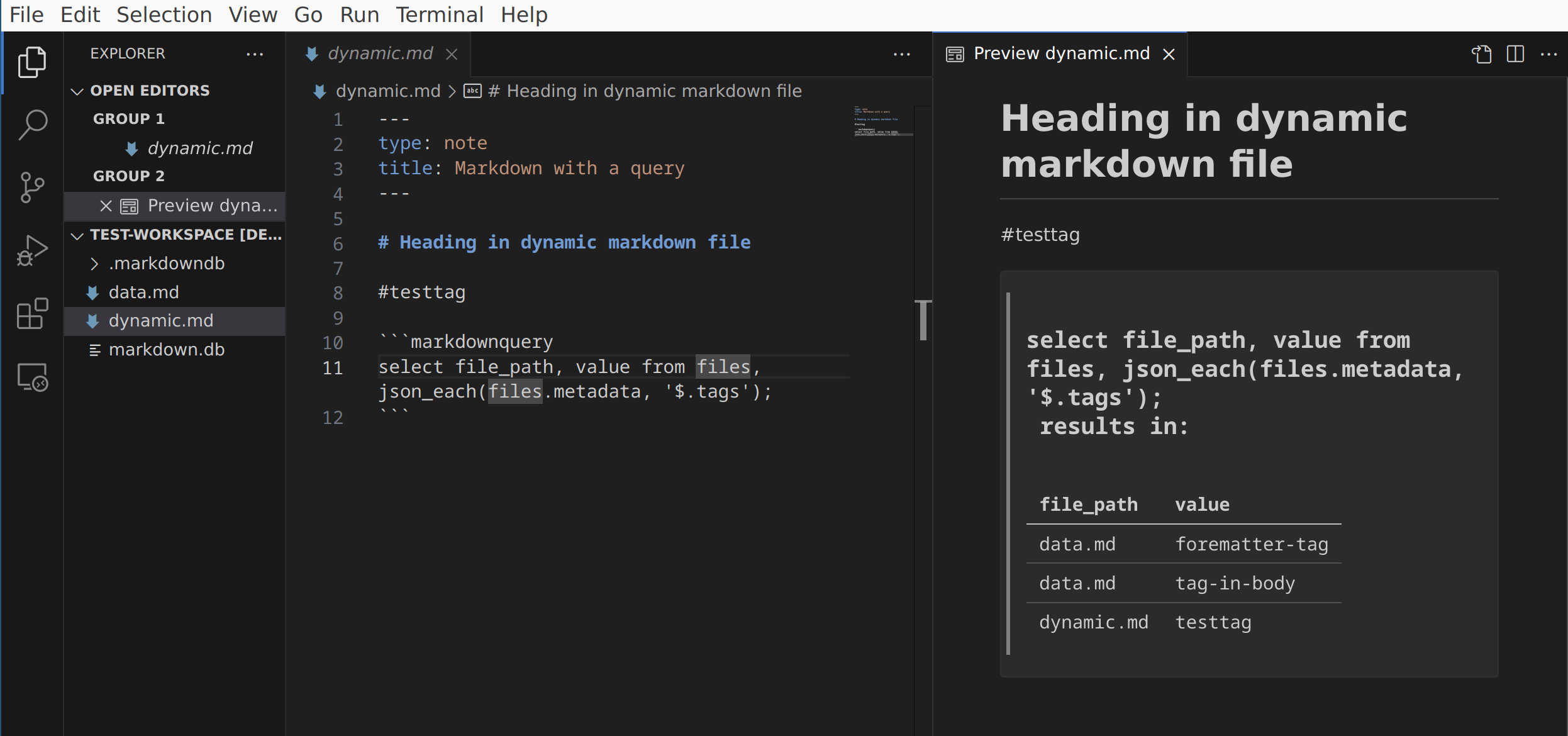 Demo of markdown sql query in preview