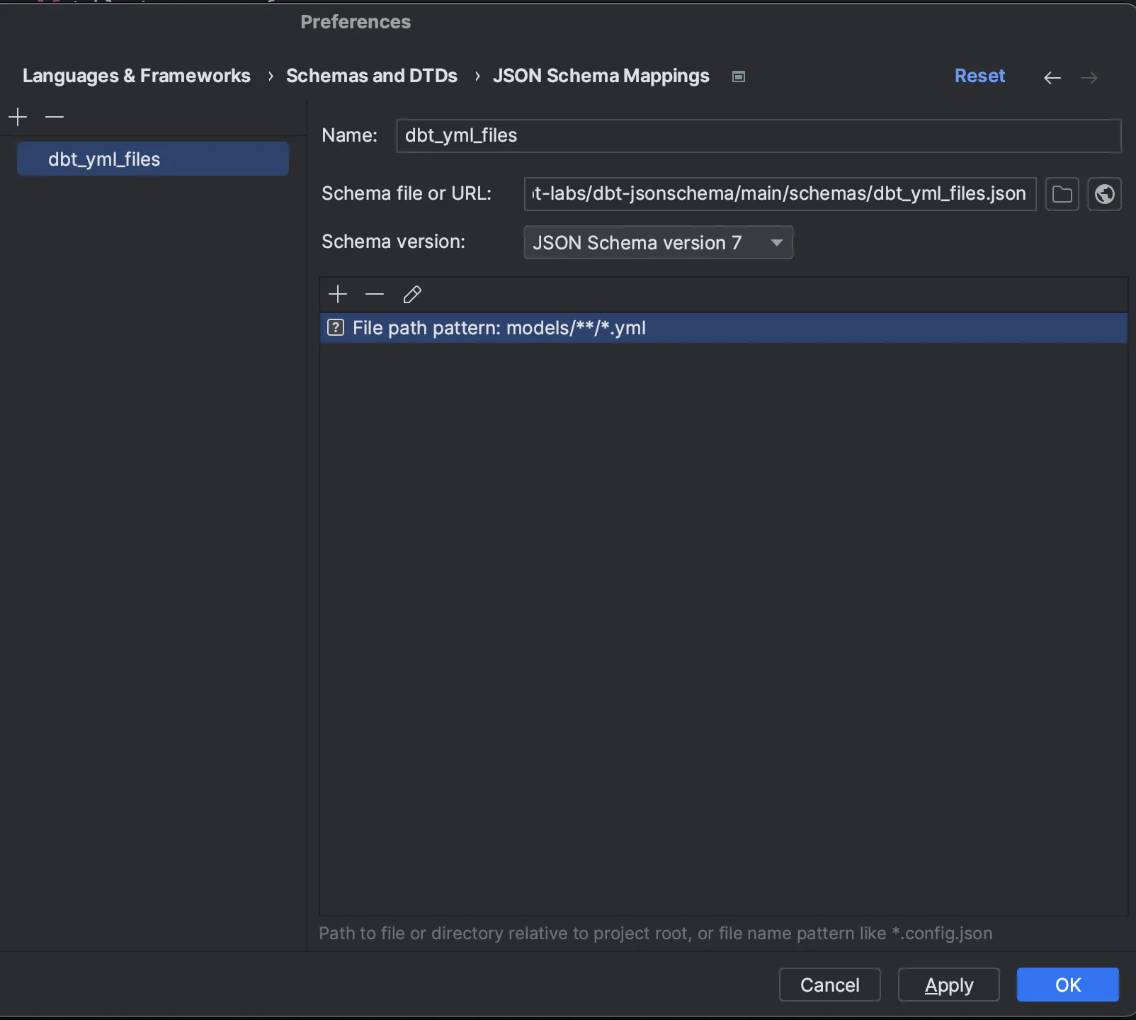 A screenshot of a JetBrains Preferences panel showing the correct mapping of the dbt_yml_files JSON Schema