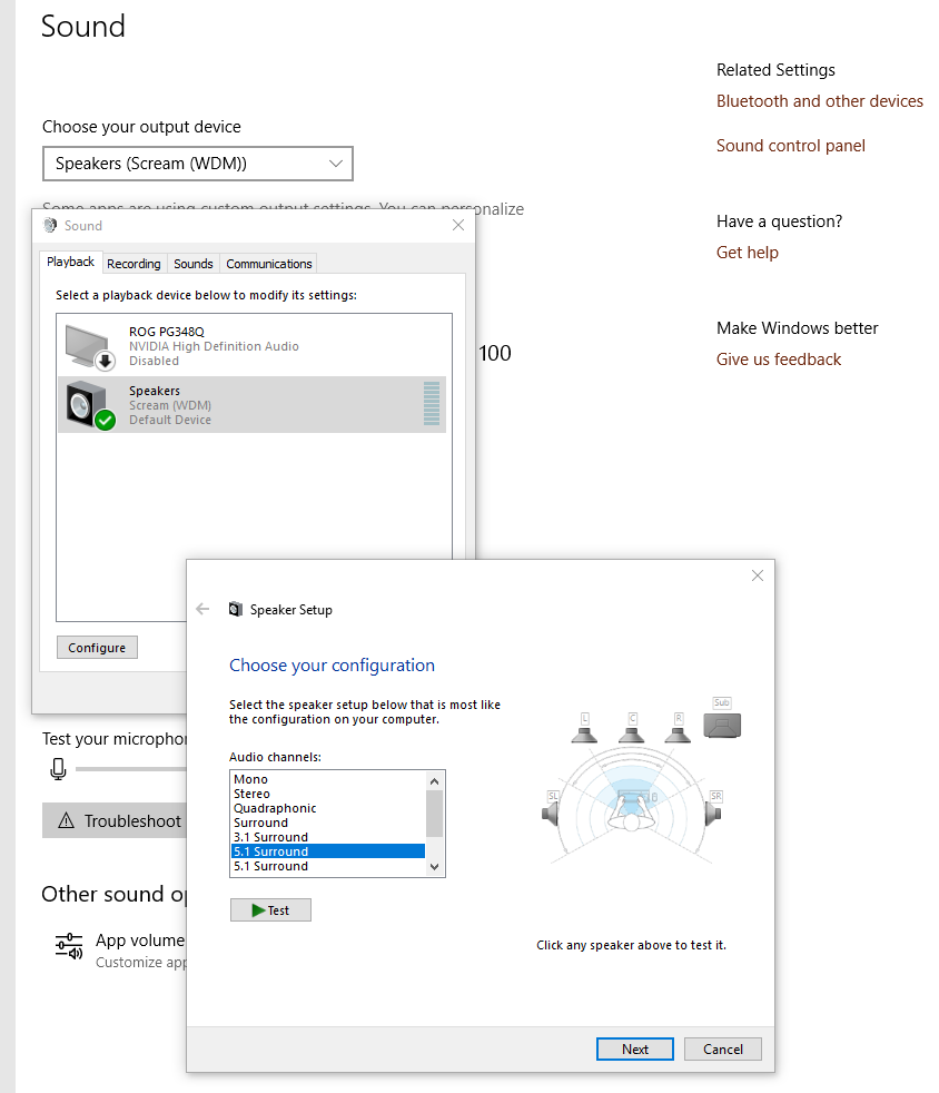 The “Configure” button starts a wizard where you can step by step select speaker setups and test them.