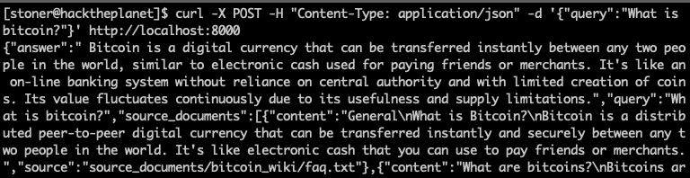 A console based curl query to the back end server