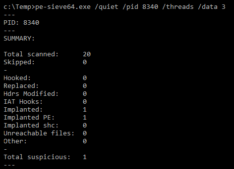 Current memory region obfuscation detected by PE-sieve.