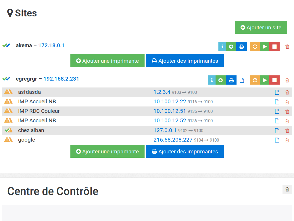 screenshot of printers management interface