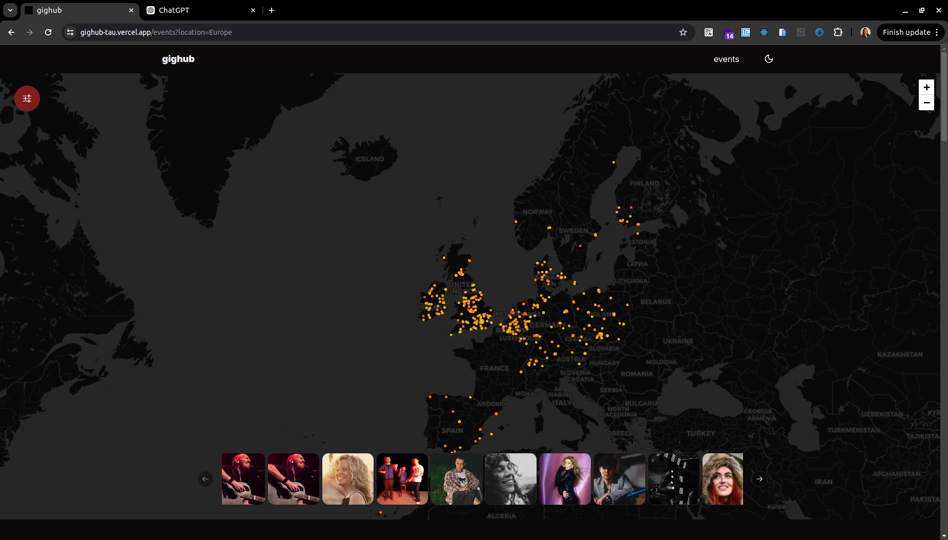 Gighub Europe Map in dark mode