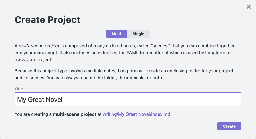 A filled-out create multi-scene project modal