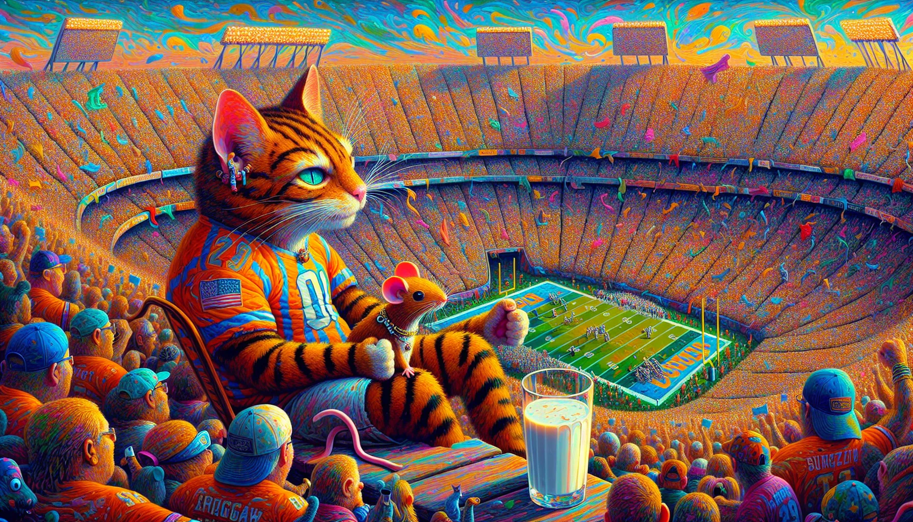 An AI-generated image showcasing a vibrant sports stadium scene with emotional distortion in Neo-Expressionism style.