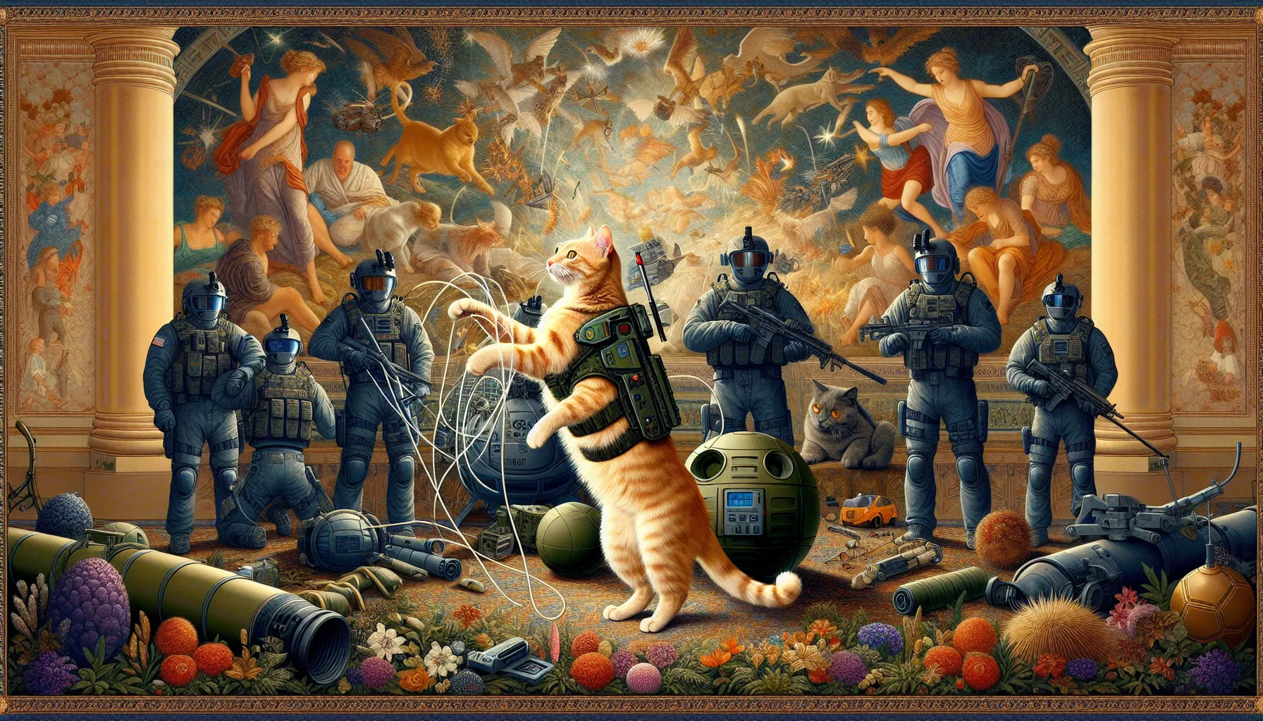 An AI-generated image showing a tabby cat frolicking in a space-age-inspired retro kitchen, where an egg fries nearby, and fireworks explode in the background night sky.