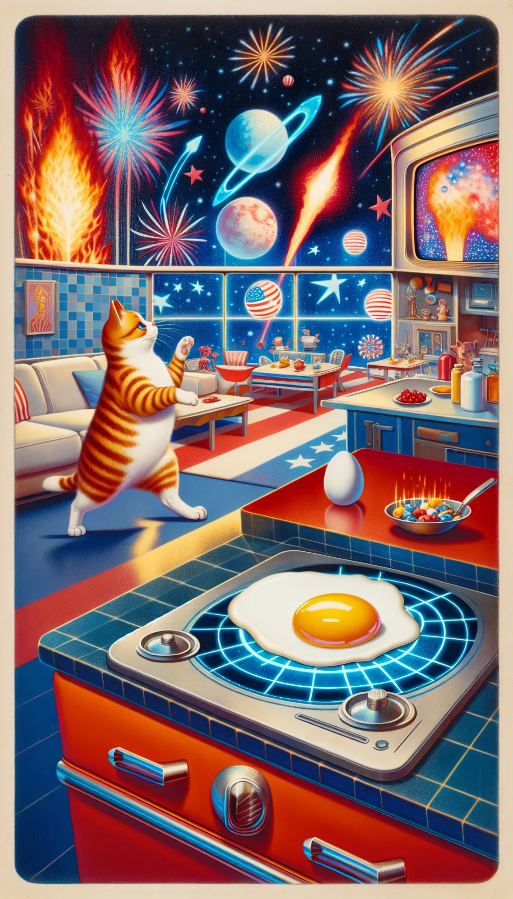 An AI-generated image showing a tabby cat frolicking in a space-age-inspired retro kitchen, where an egg fries nearby, and fireworks explode in the background night sky.