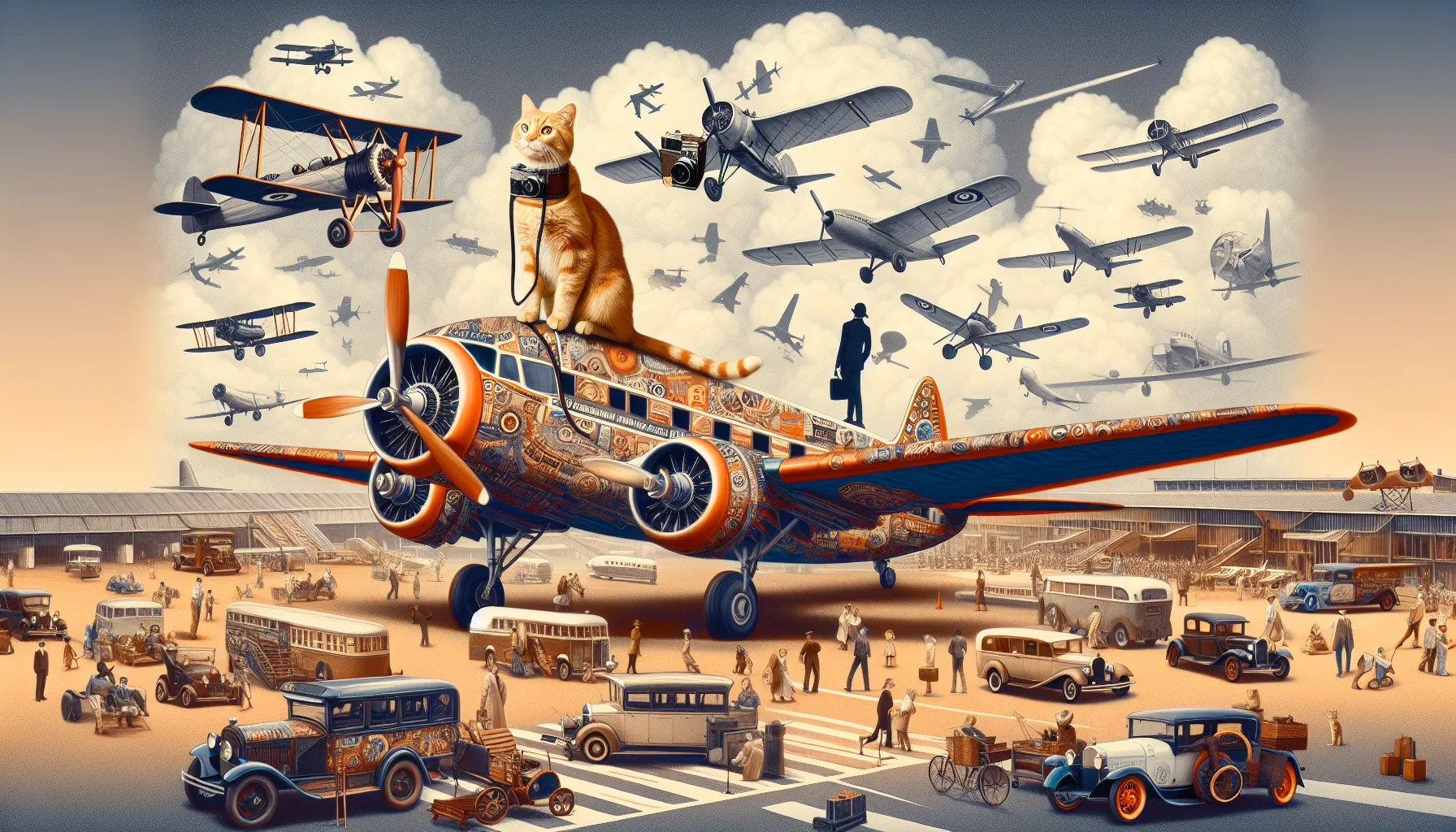 An AI-generated image showing a tabby cat wearing a camera for a collar, perched on top of a passenger airplane in Transavantgarde style showcasing a bustling international airport scene.