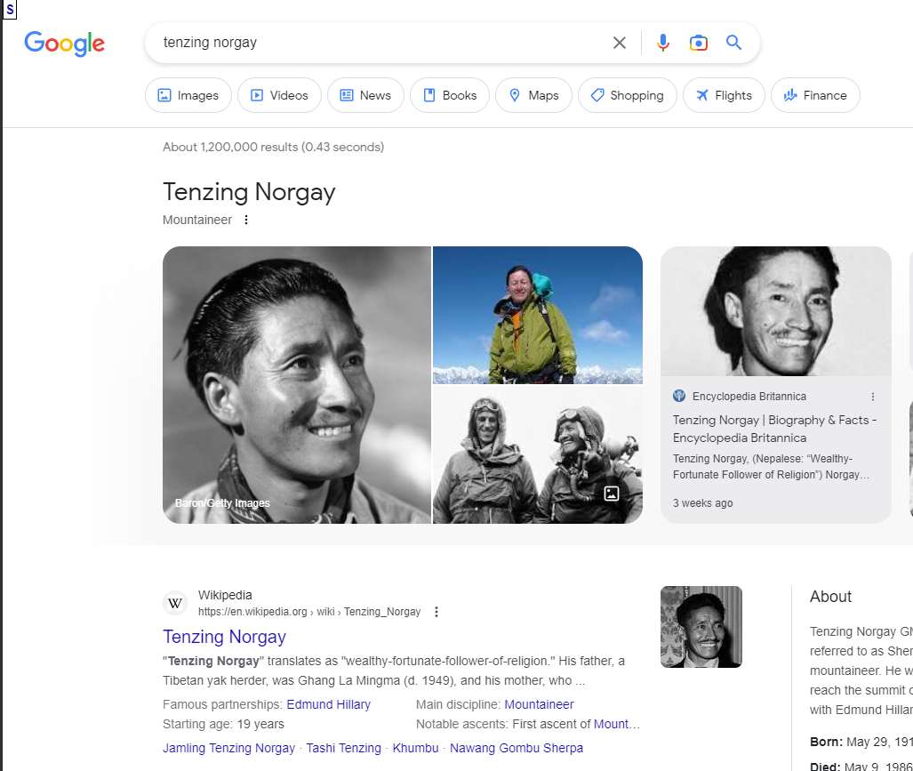 Results from Tenzing Norgay search on Google