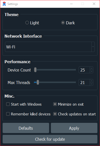 Settings window