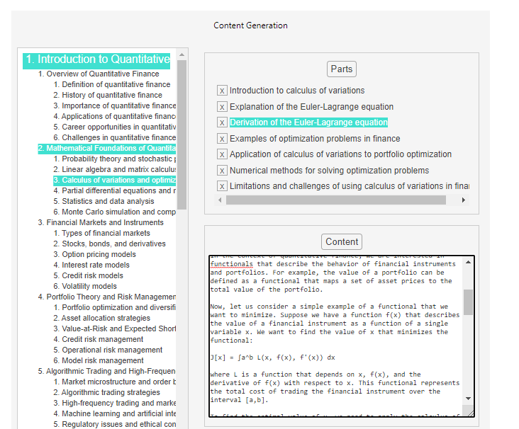 Parts and content generation