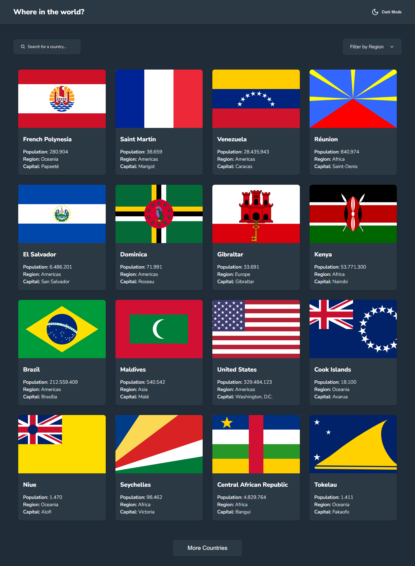 Pré-visualização de design para a API de países REST com desafio de codificação do alternador de tema de cores