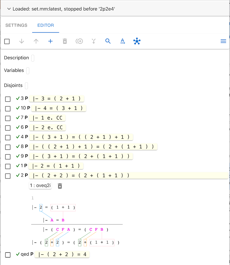 Screenshot of metamath-lamp showing 2 + 2 = 4