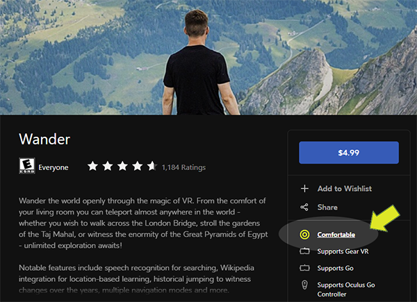 Oculus store product page with Comfortable rating highlighted