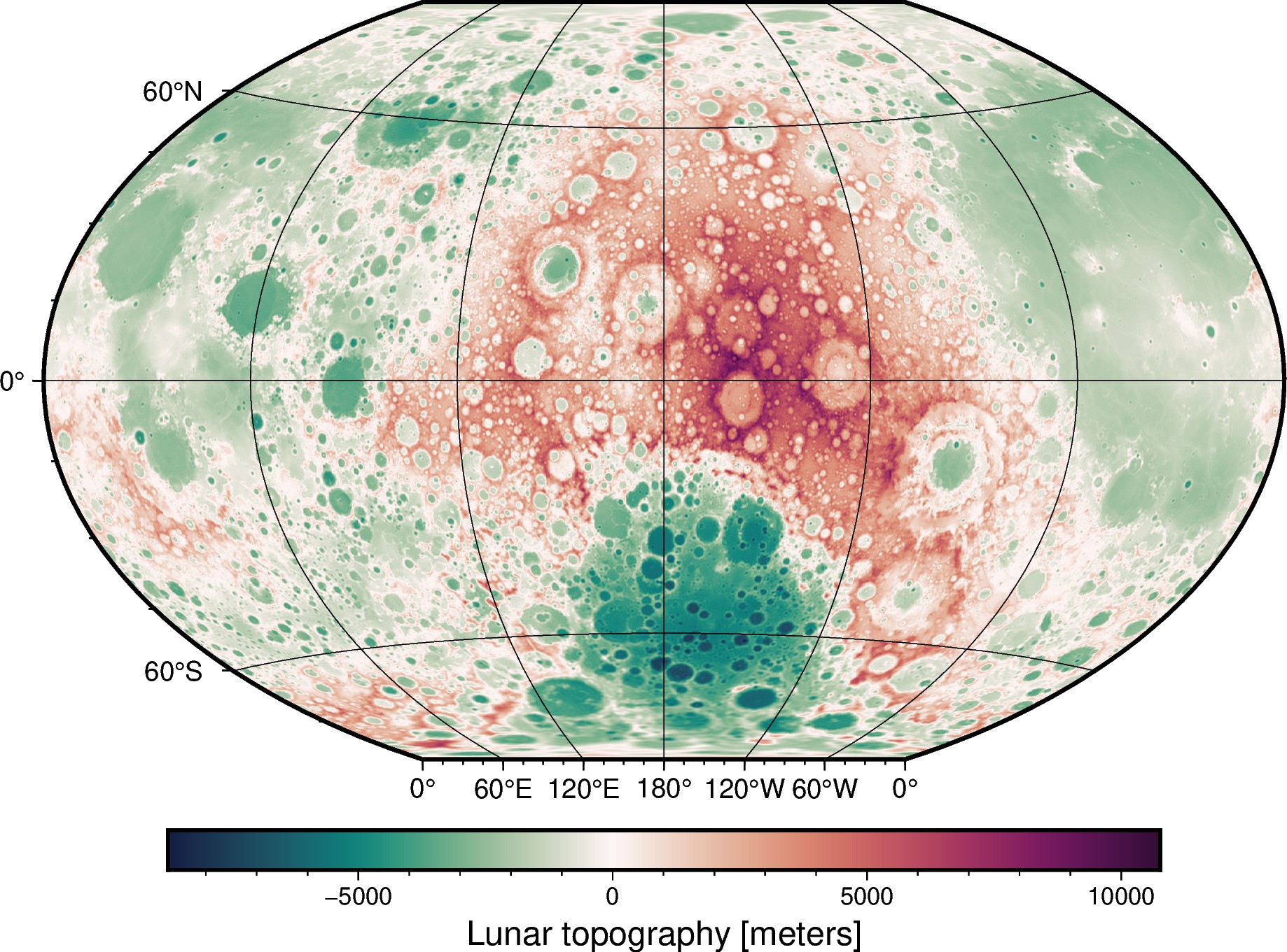 Map of topography showing many circular patterns of both low and high altitude.