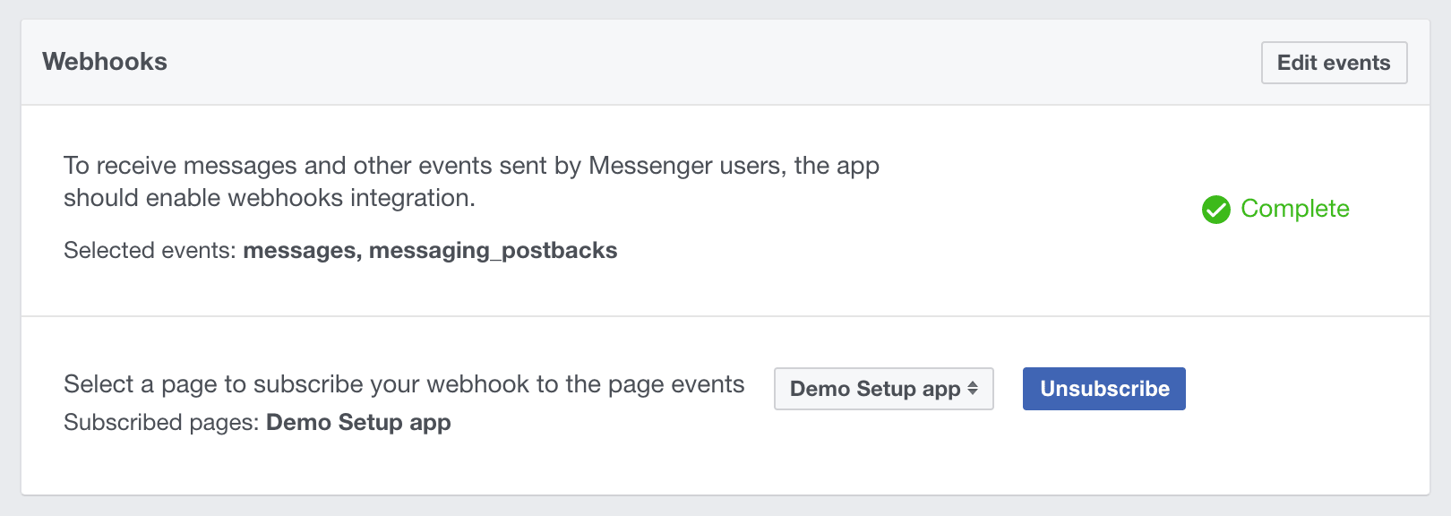 Image of Webhook Messenger Settings, where pages can subscribe to listen to your Webhooks