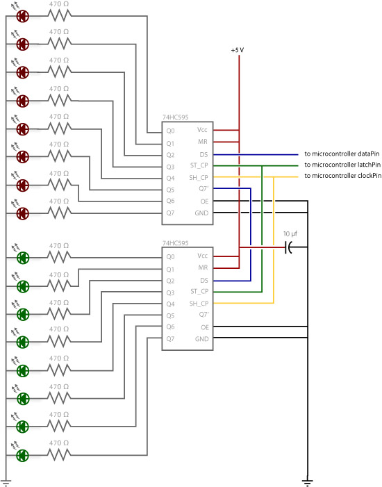 Circuit diagram for two 74HC595 shift registers