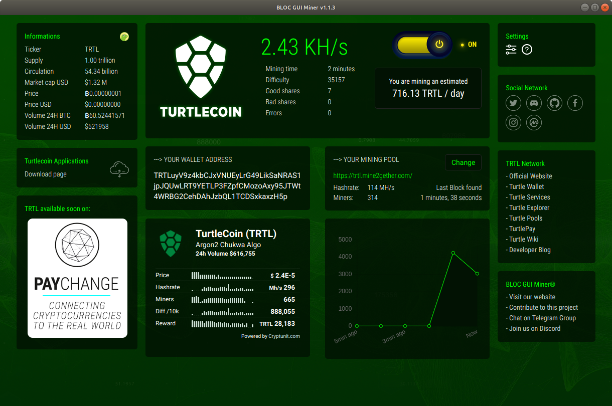 BLOC GUI Miner Mining TurtleCoin