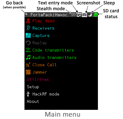PortaPack-Havoc main menu screenshot