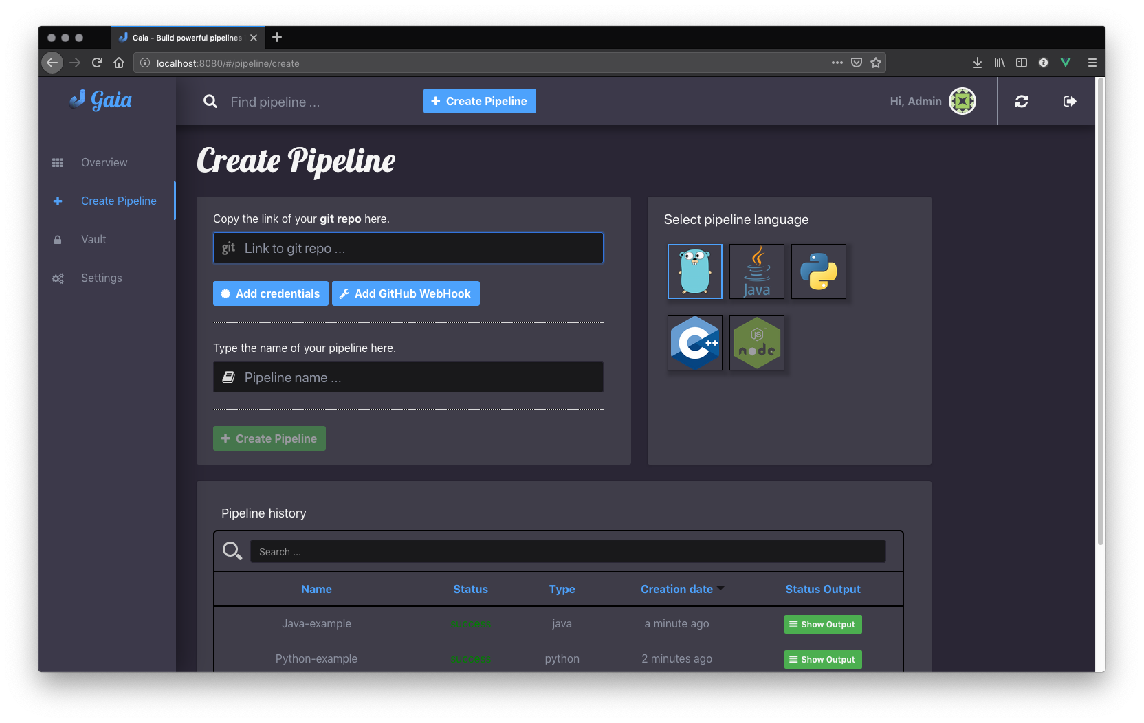 gaia create pipeline screenshot