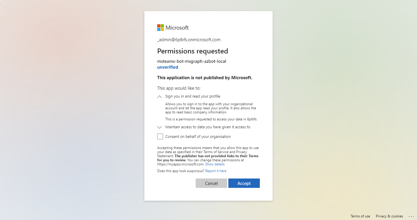 Screenshot of Microsoft Entra consent