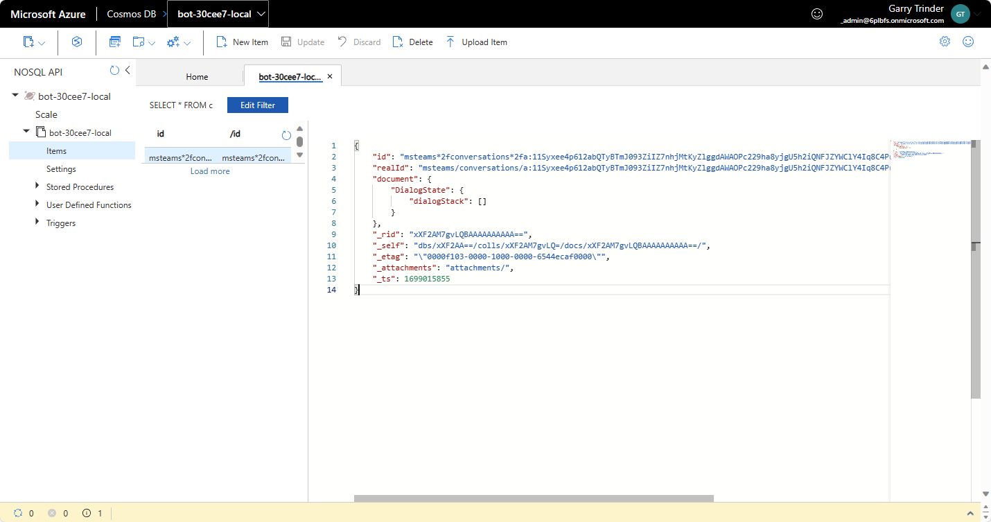 Screenshot of conversation state entry in Azure Cosmos DB Explorer