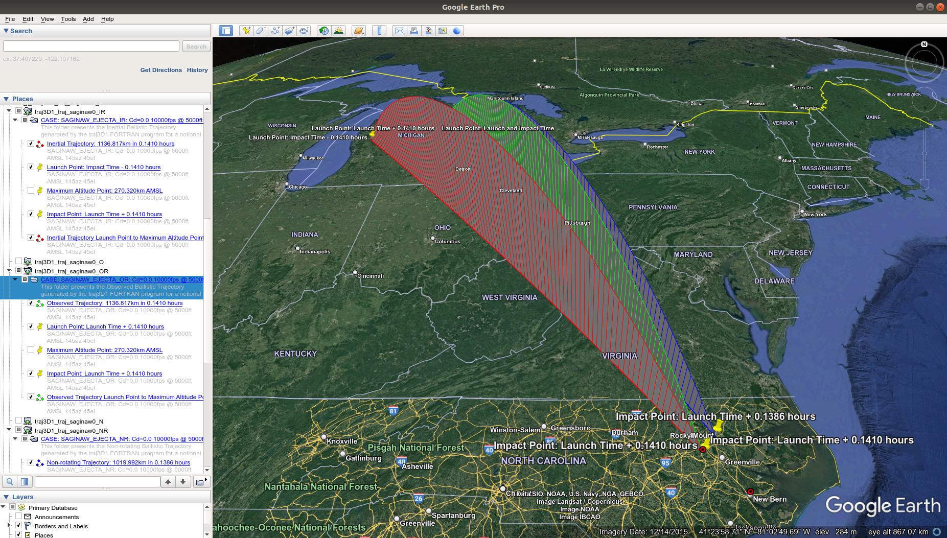 traj3D1 no-drag ballistic trajectories displayed in Google Earth Pro for cases 1-3